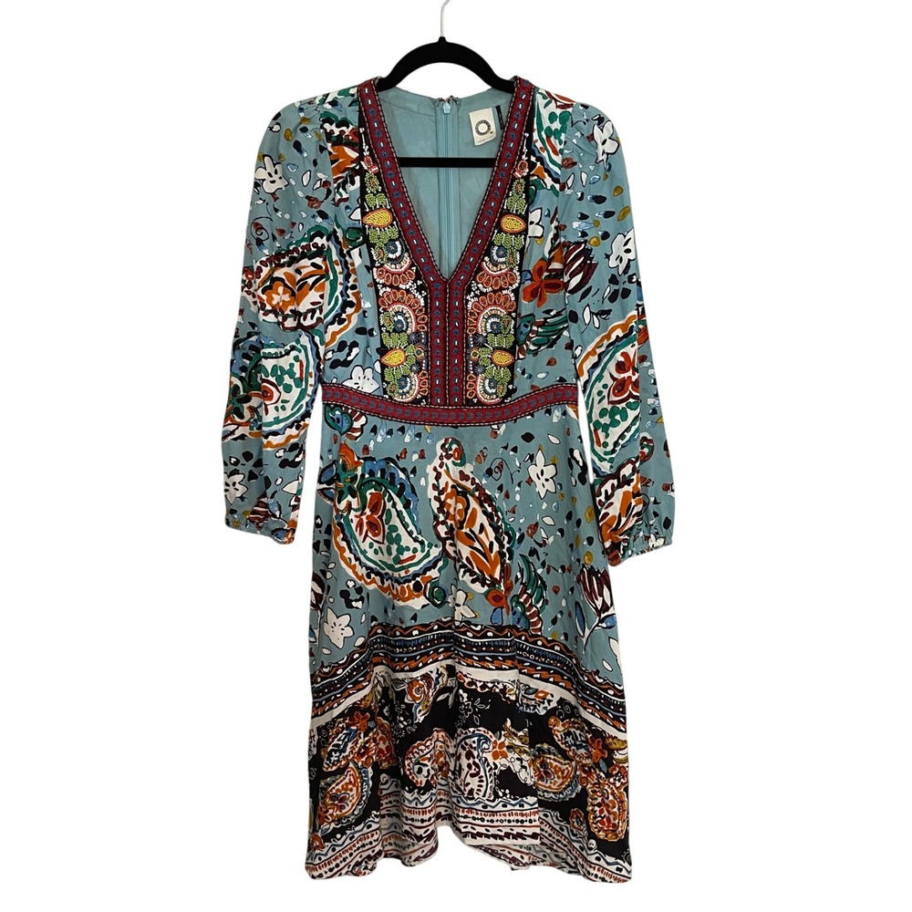 Akemi + Kin Anthropologie Beaded Paisley V-Neck Dress Blue Multi Size 2 Boho